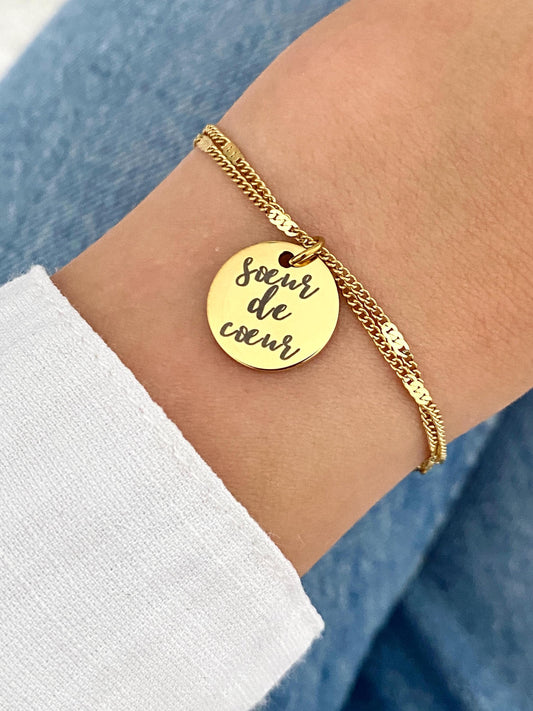 Bracelet femme personnalisé en acier inoxydable, bracelet sœur de cœur, breloque ronde, bracelet double chaîne, cadeau personnalisé