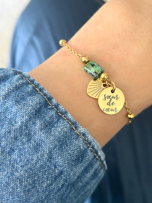 Bracelet femme personnalisé en acier inoxydable, bracelet sœur de cœur, pierre naturelle lapis lazuli, jaspe, agate mousse, bracelet charme