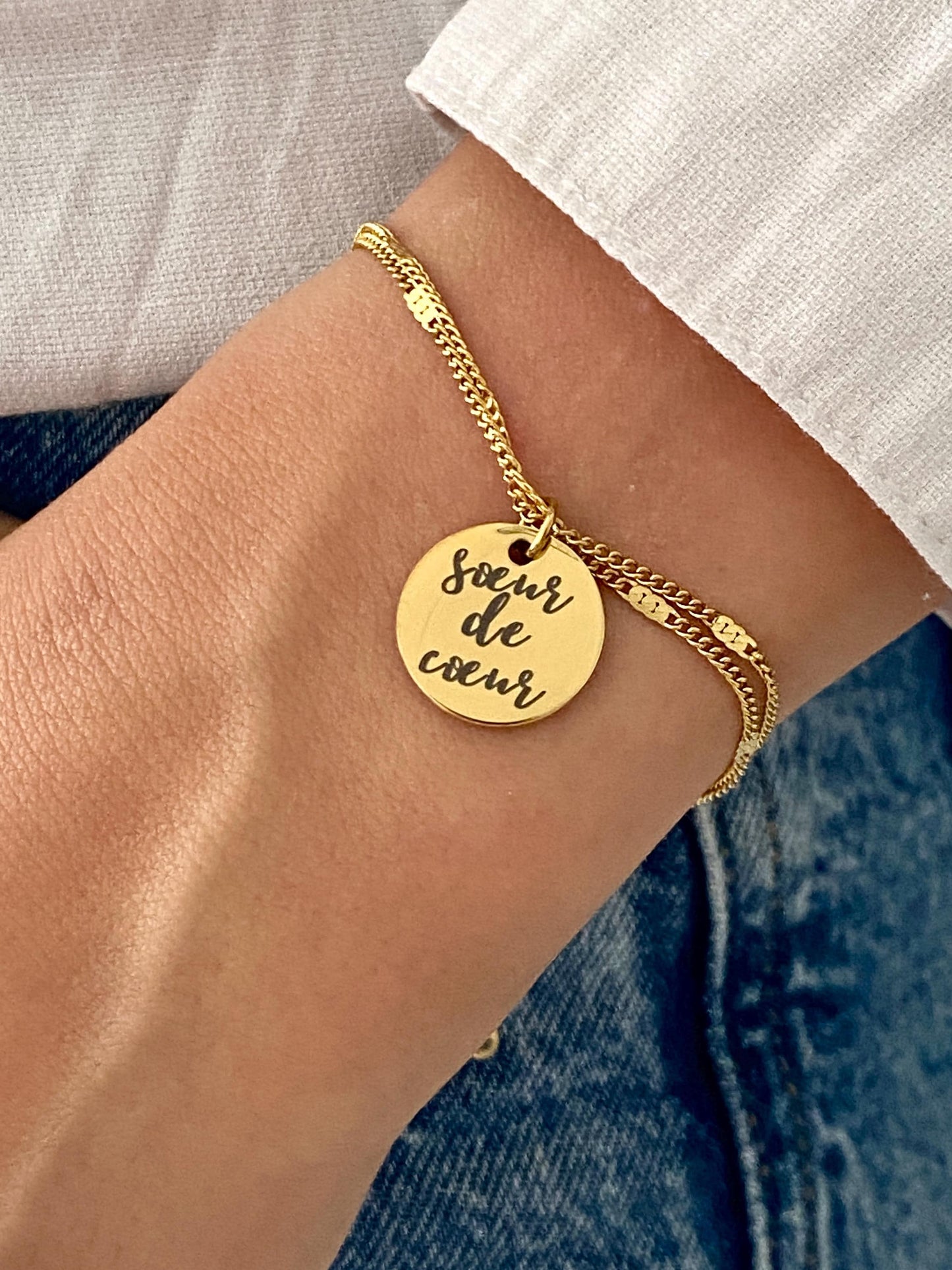 Bracelet femme personnalisé en acier inoxydable, bracelet sœur de cœur, breloque ronde, bracelet double chaîne, cadeau personnalisé