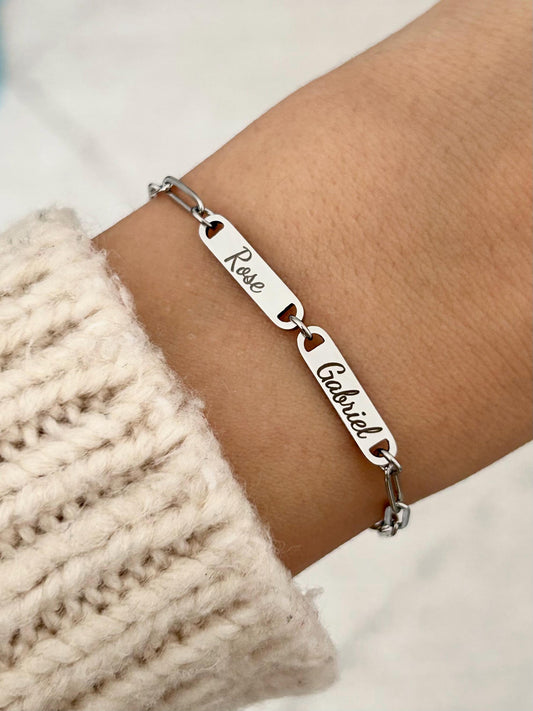 Bracelet personnalisé en acier inoxydable, bracelet barre avec prénoms gravés, bracelet chaîne trombone ajustable, cadeau fête des mères