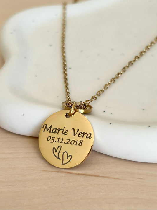 Collier personnalisé double médailles à graver, collier maman, collier disque personnalisé, collier petit pied, cadeau fête des mères