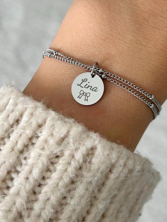 Bracelet femme personnalisé en acier inoxydable, bracelet prénom gravure, breloque ronde, bracelet double chaîne, cadeau fête des mères
