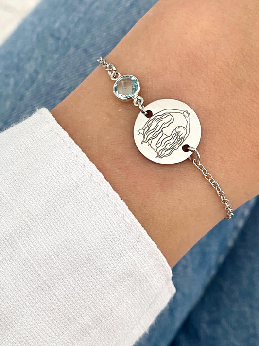 Bracelet femme personnalisé en acier inoxydable avec pierre de naissance, bracelet sœur de cœur, bracelet breloque ronde, cadeau amitié