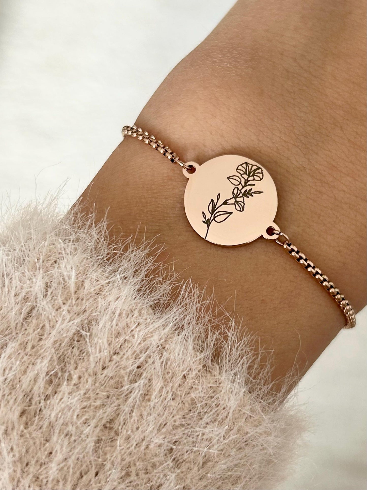 Bracelet personnalisé fleur de naissance, bracelet pierre de naissance, bracelet acier inoxydable doré, cadeau marraine, fête des mères